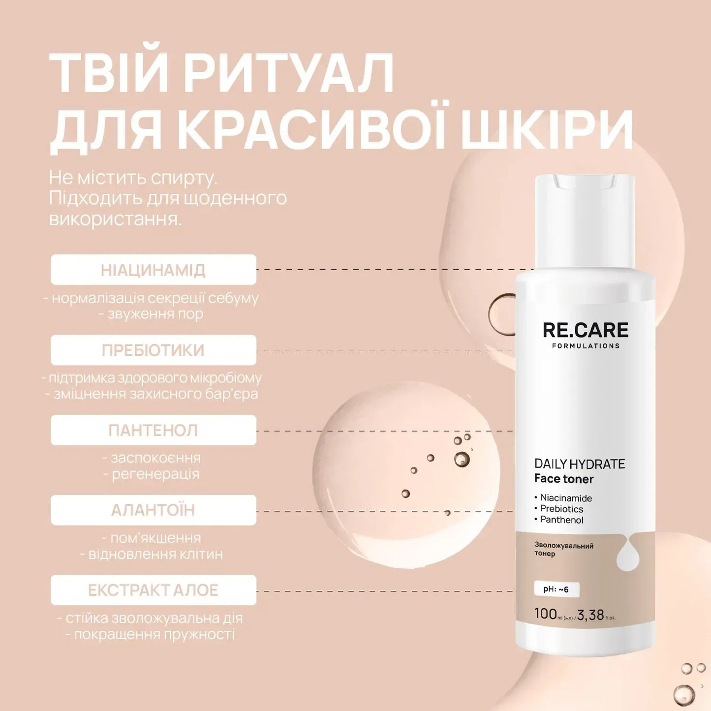 Зволожувальний тонер Daily Hydrate Face Toner RE.CARE