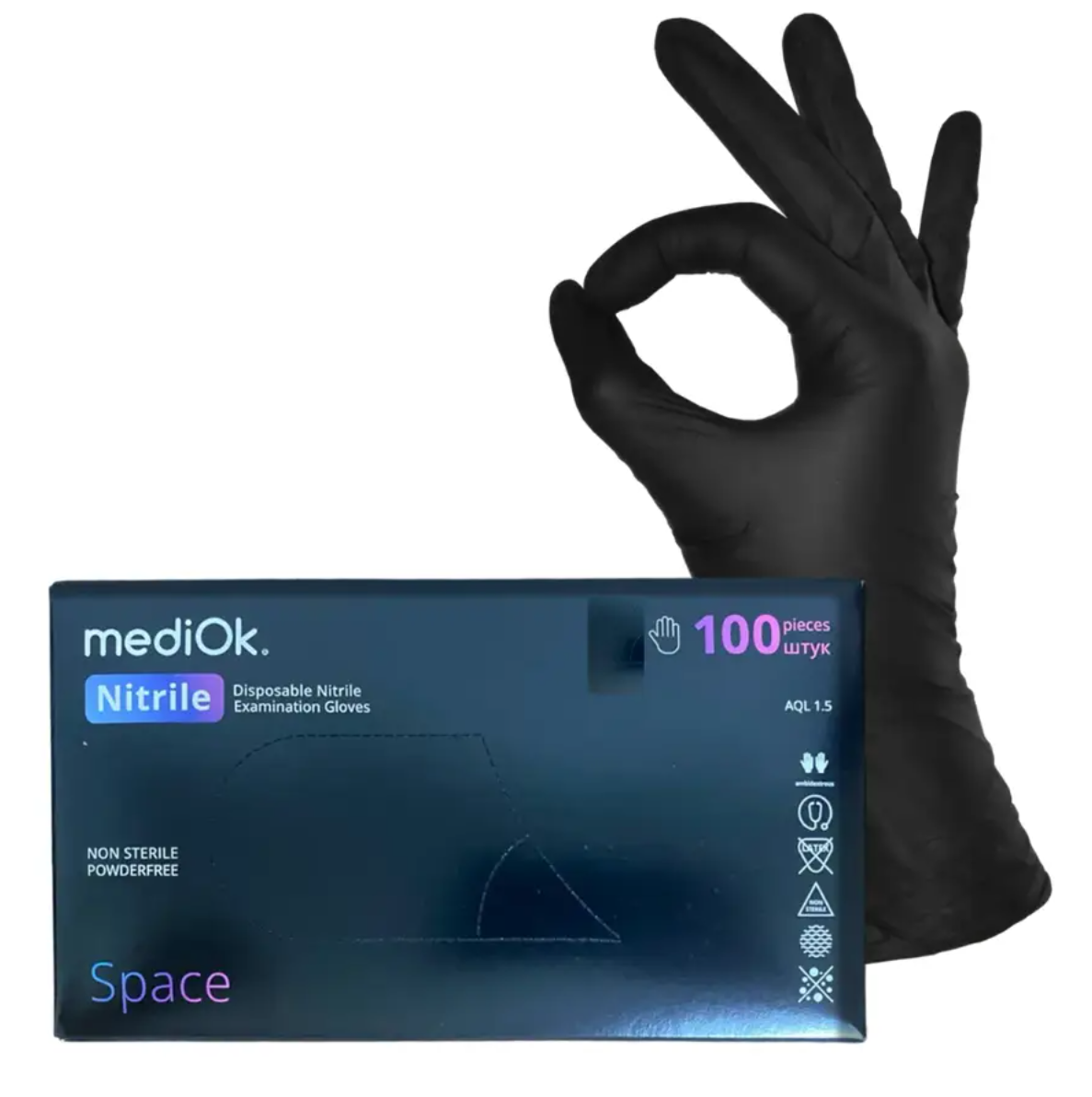 Рукавички чорні нітрилові MediOk SPACE S, 100 шт