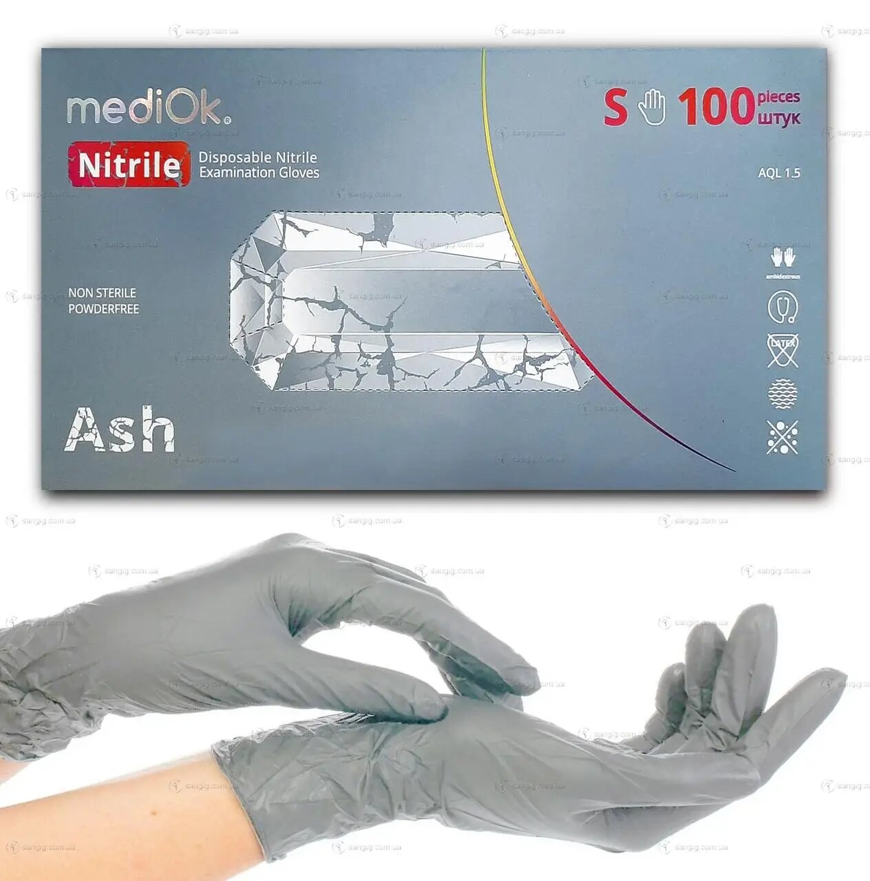Рукавички сірі нітрилові MediOk ASH S, 100 шт