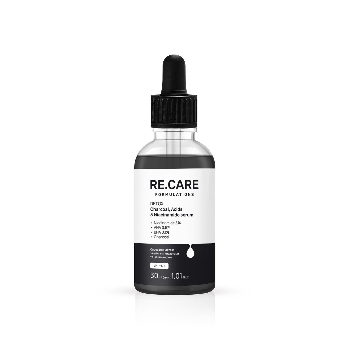 Сироватка-детокс з вугіллям, кислотами та ніацинамідом Detox Charcoal, Acids & Niacinamide Serum RECARE 30 мл