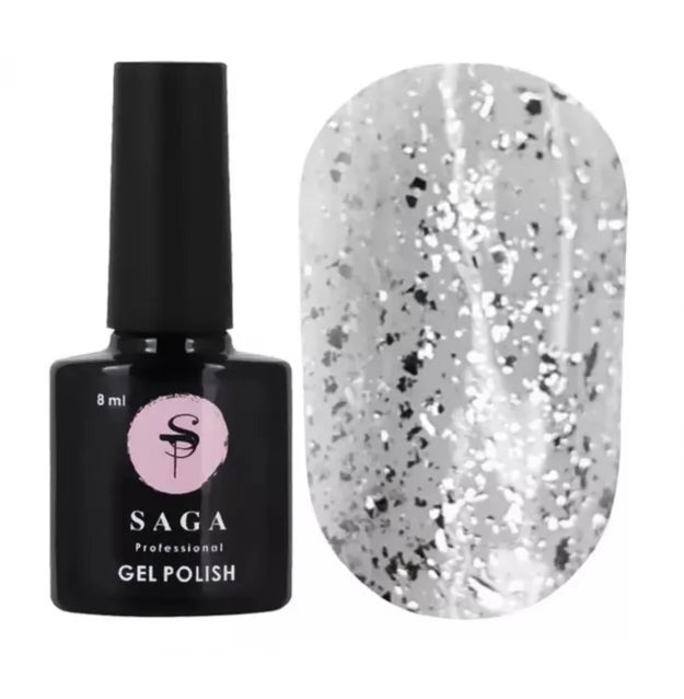 Top for nails with flakes Saga Top Leaf 8 ml, Silver